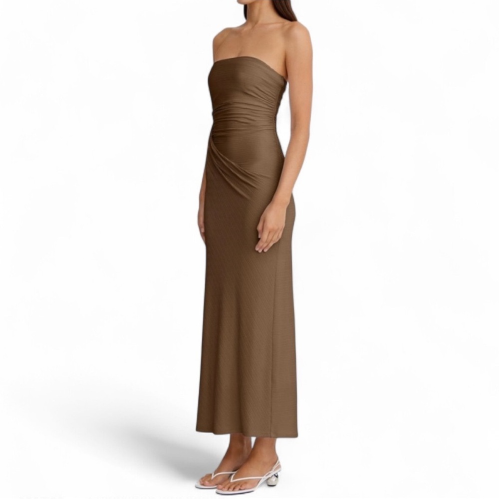 Strapless Brown Midi Dress - Women Dresses Strapless